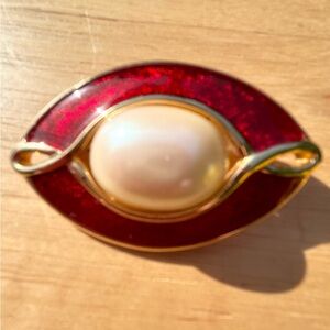 MONET Red Glitter Enamel Faux Pearl Brooch Pin Gold‎ Tone Oval Fall Holiday